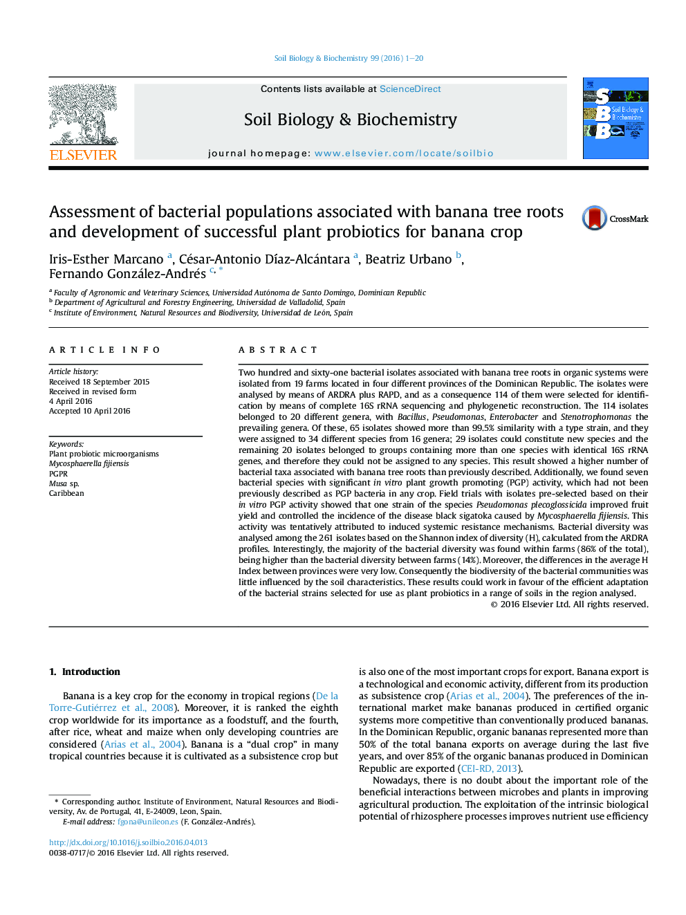 Assessment of bacterial populations associated with banana tree roots and development of successful plant probiotics for banana crop