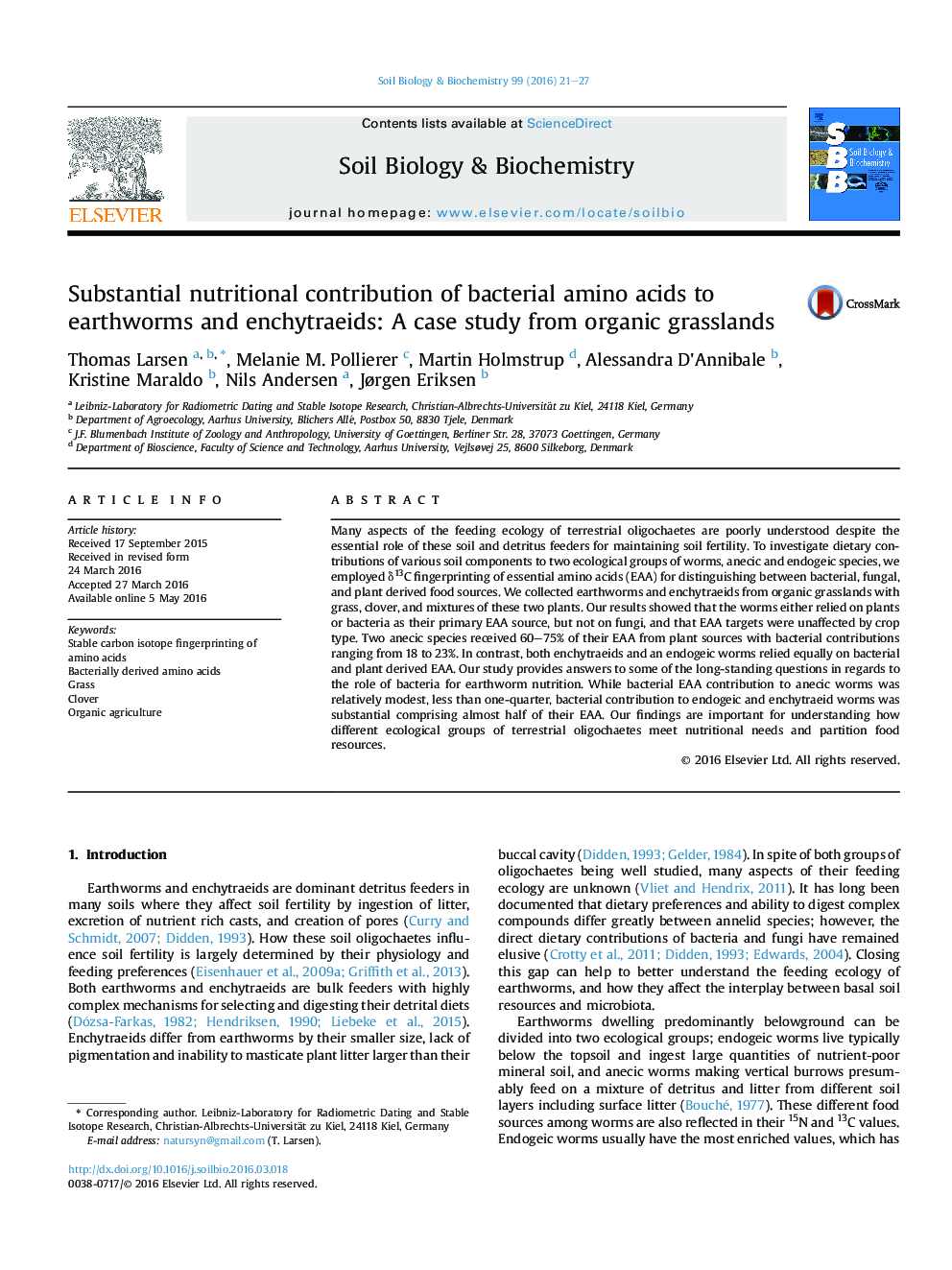 Substantial nutritional contribution of bacterial amino acids to earthworms and enchytraeids: A case study from organic grasslands