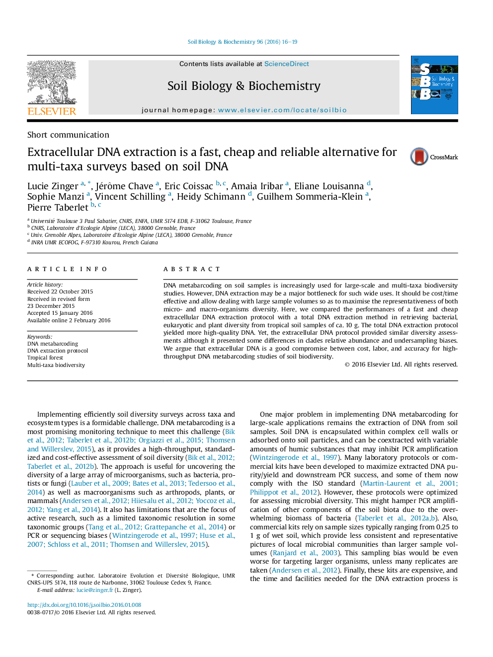 Extracellular DNA extraction is a fast, cheap and reliable alternative for multi-taxa surveys based on soil DNA