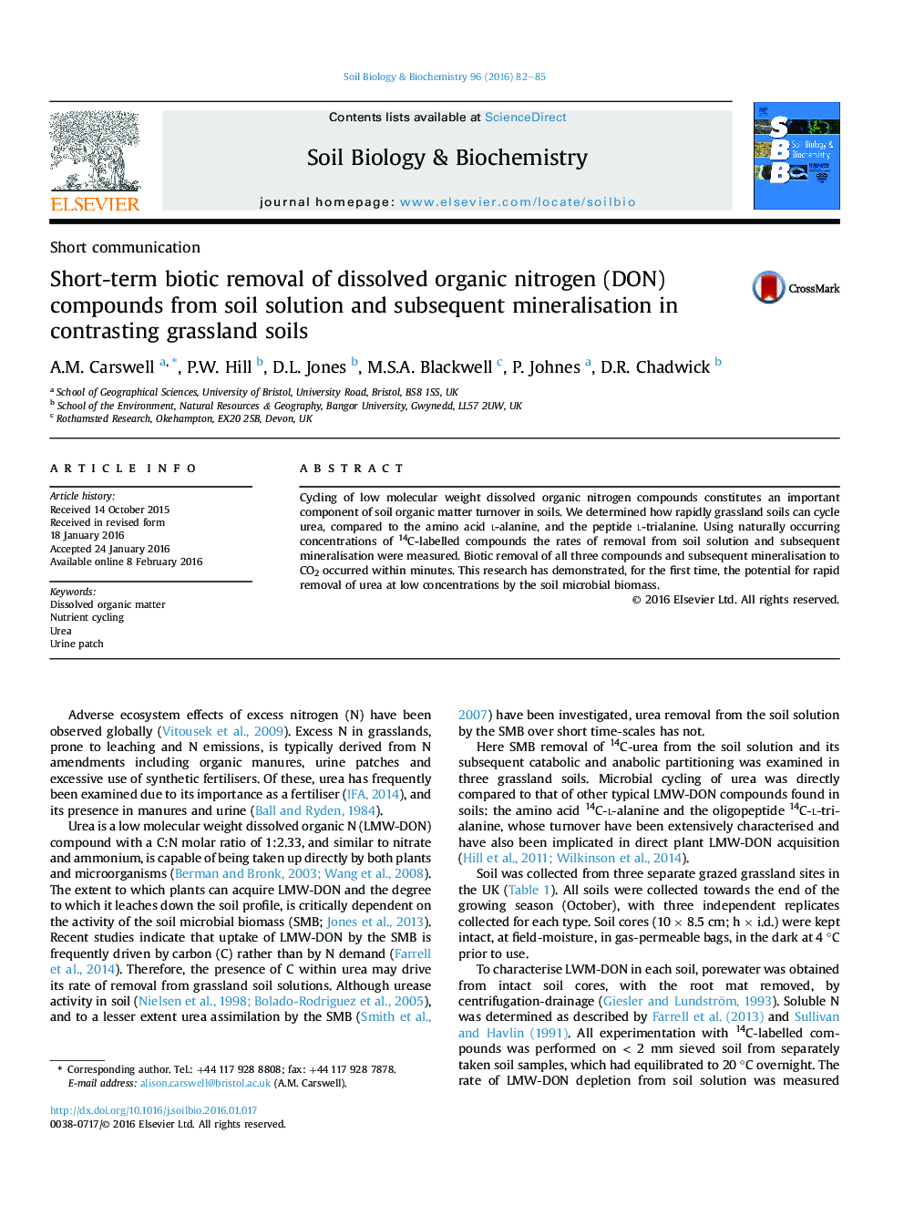 Short-term biotic removal of dissolved organic nitrogen (DON) compounds from soil solution and subsequent mineralisation in contrasting grassland soils