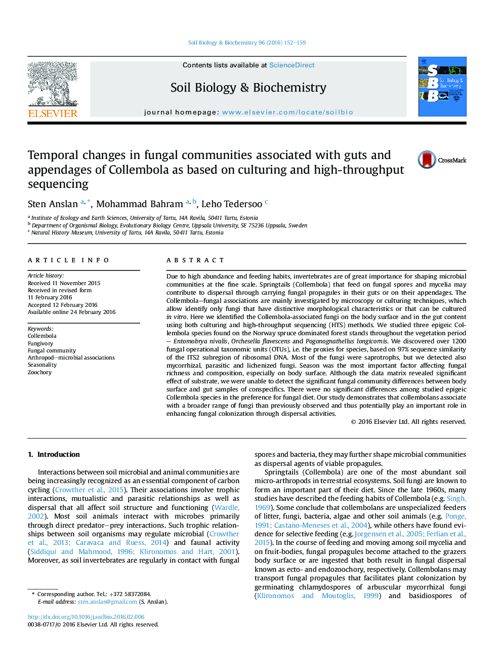 Temporal changes in fungal communities associated with guts and appendages of Collembola as based on culturing and high-throughput sequencing