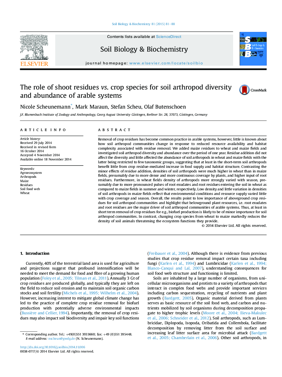 The role of shoot residues vs. crop species for soil arthropod diversity and abundance of arable systems