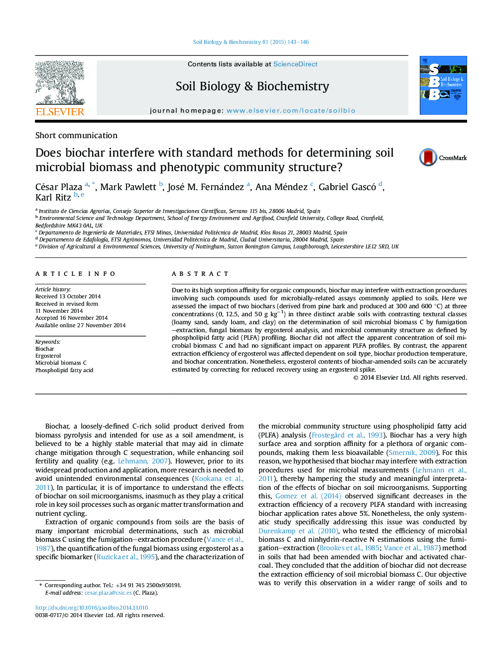 Does biochar interfere with standard methods for determining soil microbial biomass and phenotypic community structure?