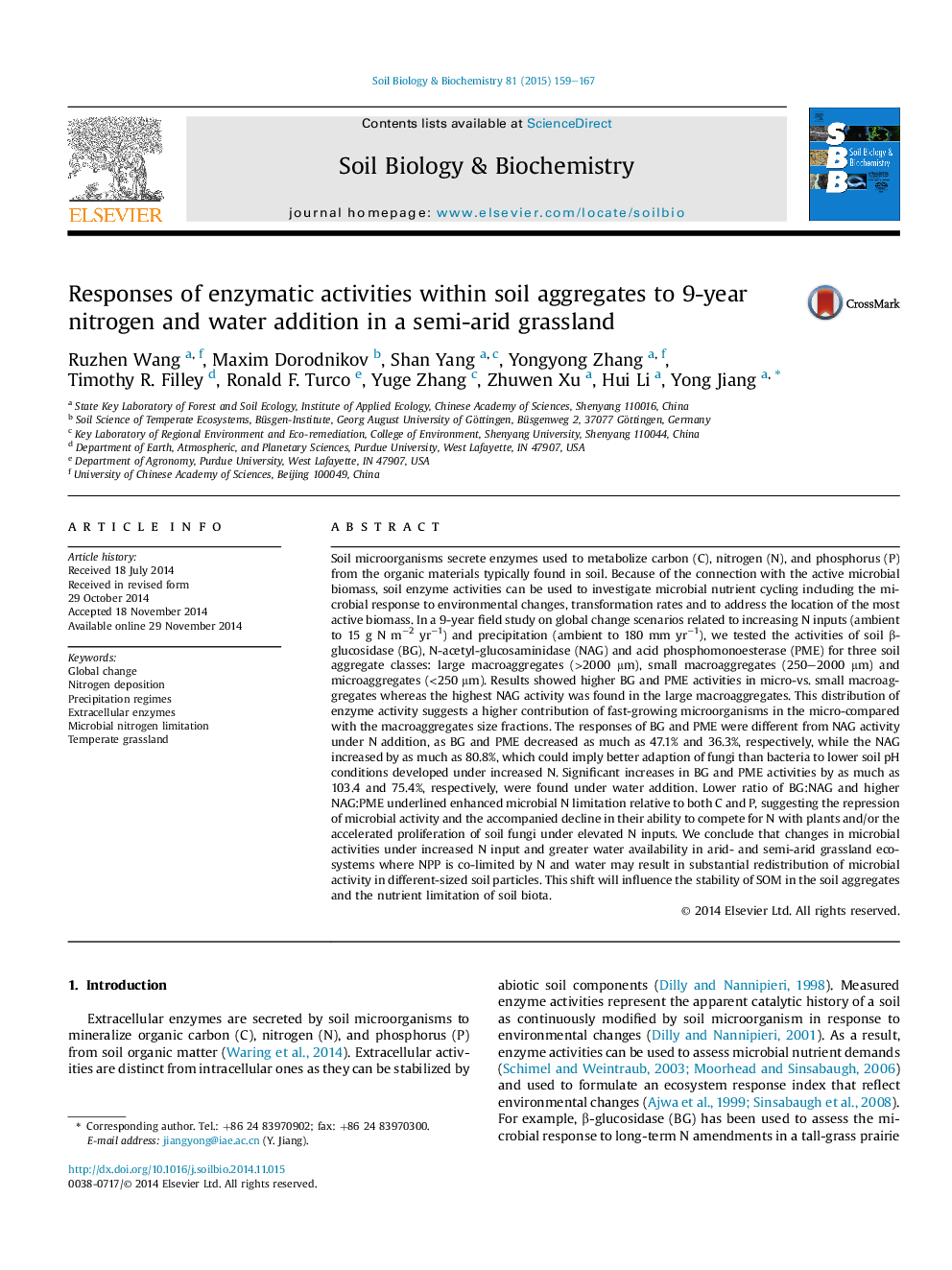 Responses of enzymatic activities within soil aggregates to 9-year nitrogen and water addition in a semi-arid grassland