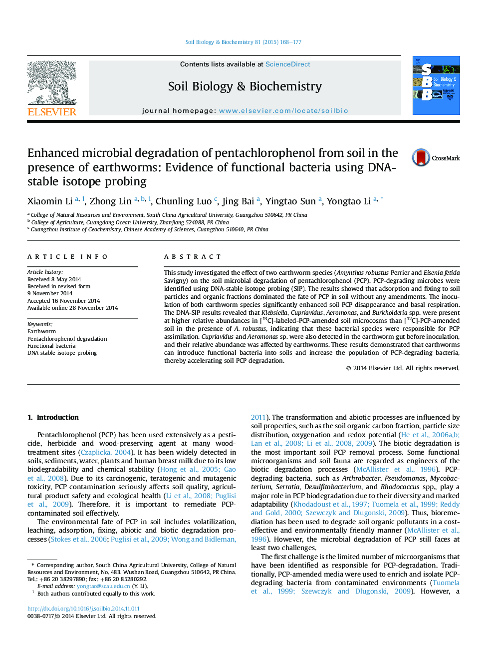 Enhanced microbial degradation of pentachlorophenol from soil in the presence of earthworms: Evidence of functional bacteria using DNA-stable isotope probing