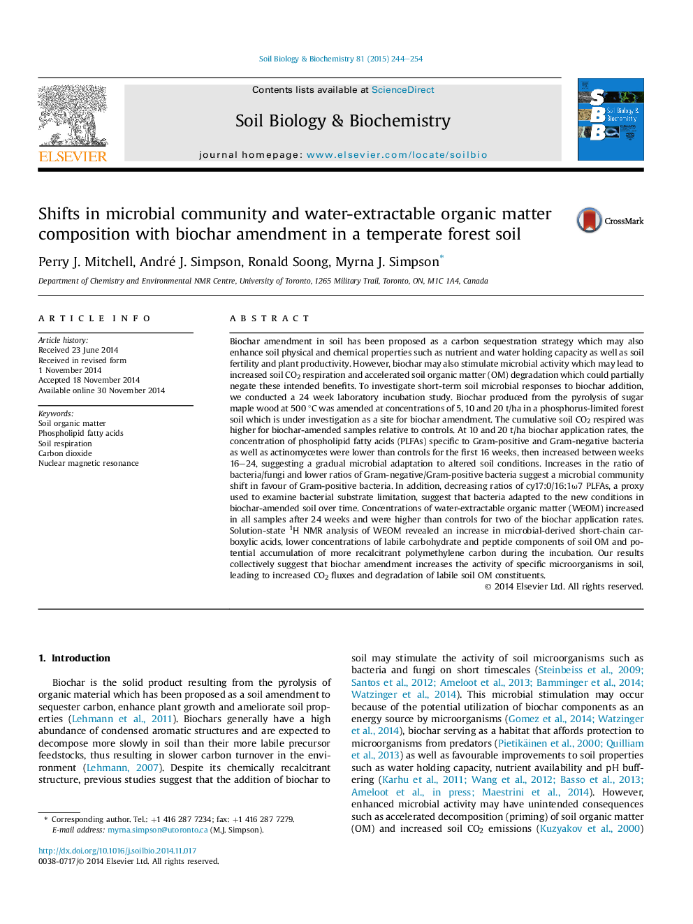 Shifts in microbial community and water-extractable organic matter composition with biochar amendment in a temperate forest soil