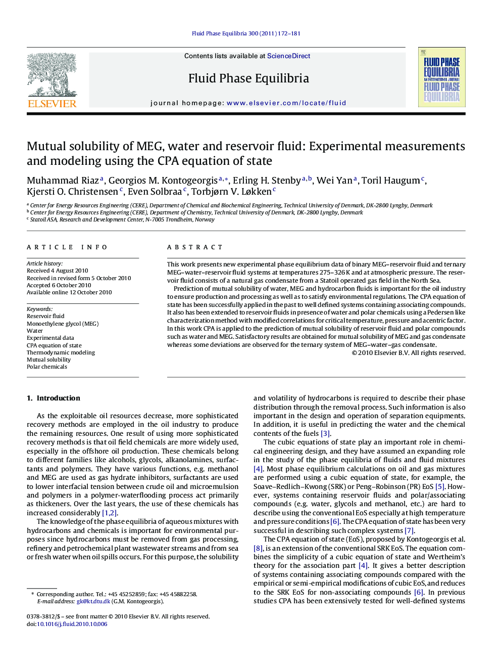 Mutual solubility of MEG, water and reservoir fluid: Experimental measurements and modeling using the CPA equation of state