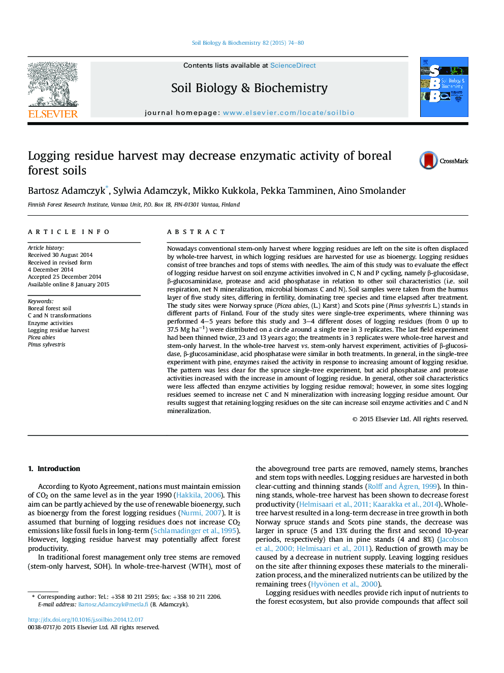 Logging residue harvest may decrease enzymatic activity of boreal forest soils