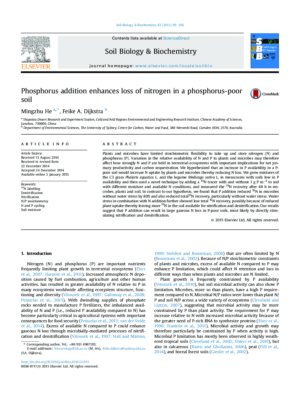 Phosphorus addition enhances loss of nitrogen in a phosphorus-poor soil