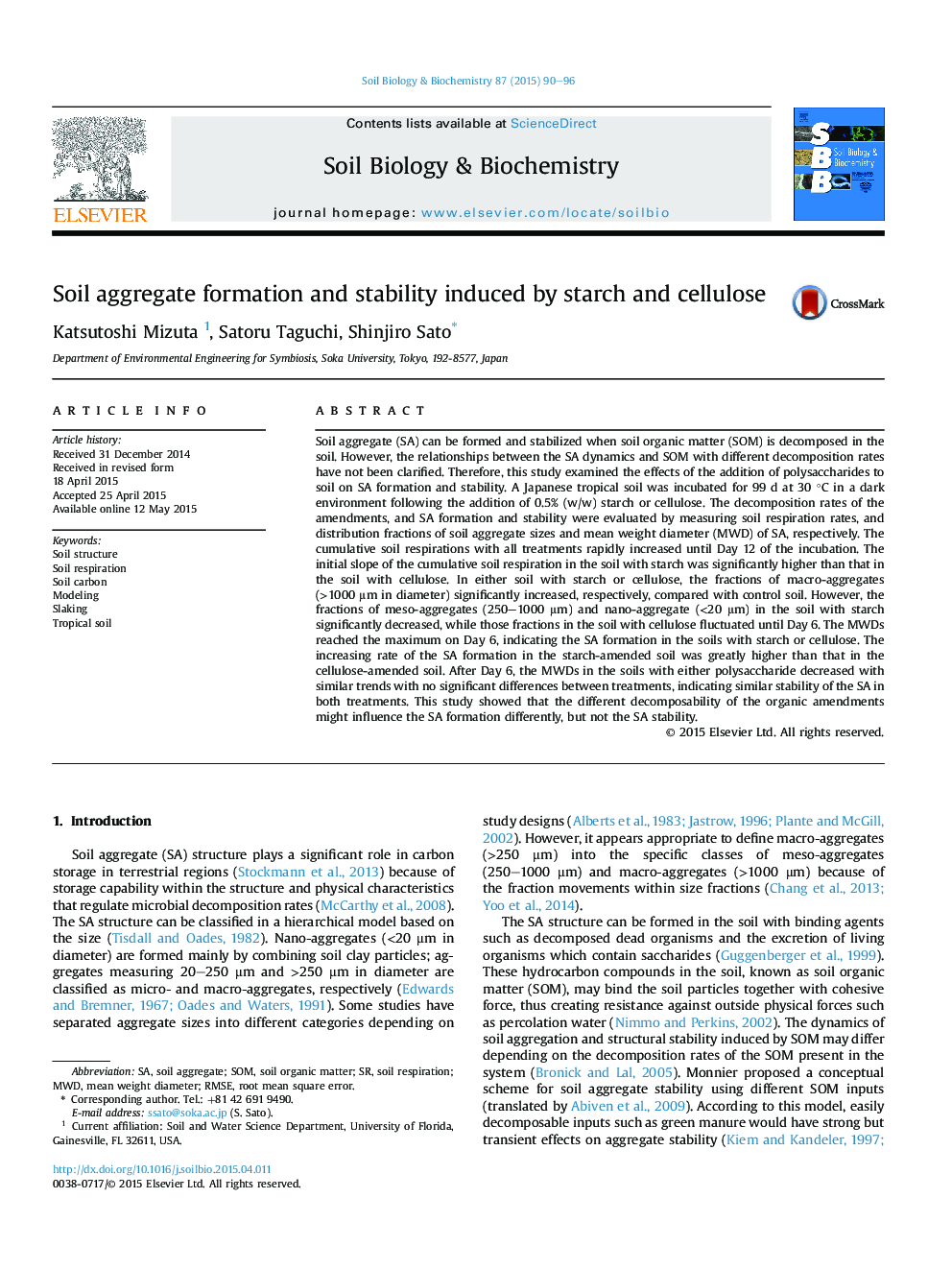 Soil aggregate formation and stability induced by starch and cellulose