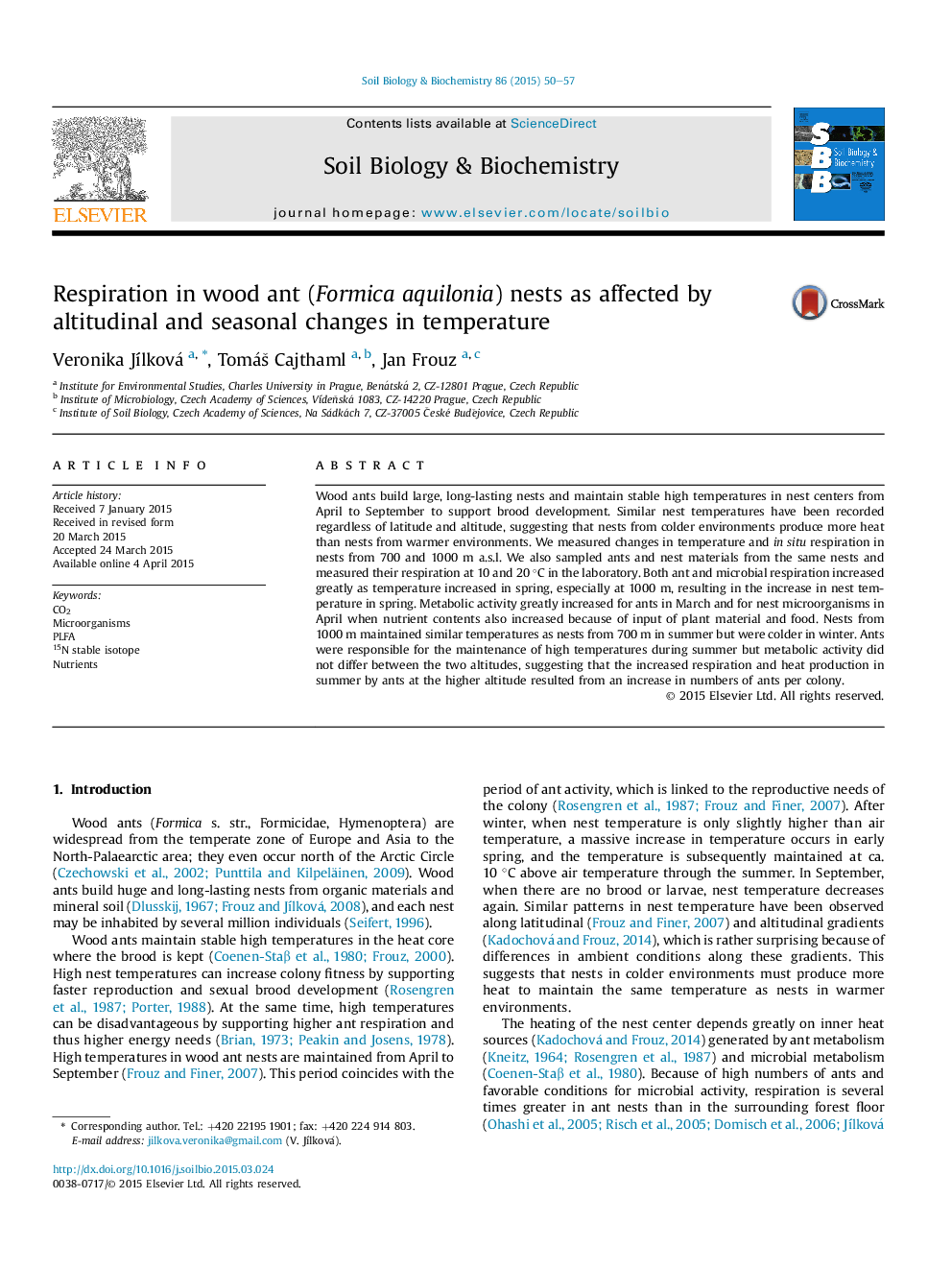 Respiration in wood ant (Formica aquilonia) nests as affected by altitudinal and seasonal changes in temperature