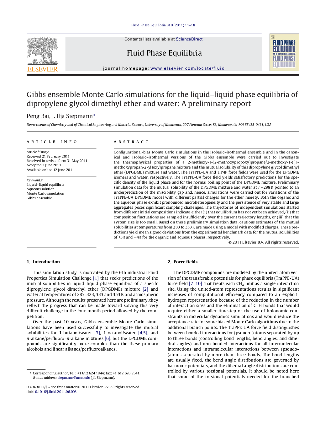 Gibbs ensemble Monte Carlo simulations for the liquid–liquid phase equilibria of dipropylene glycol dimethyl ether and water: A preliminary report