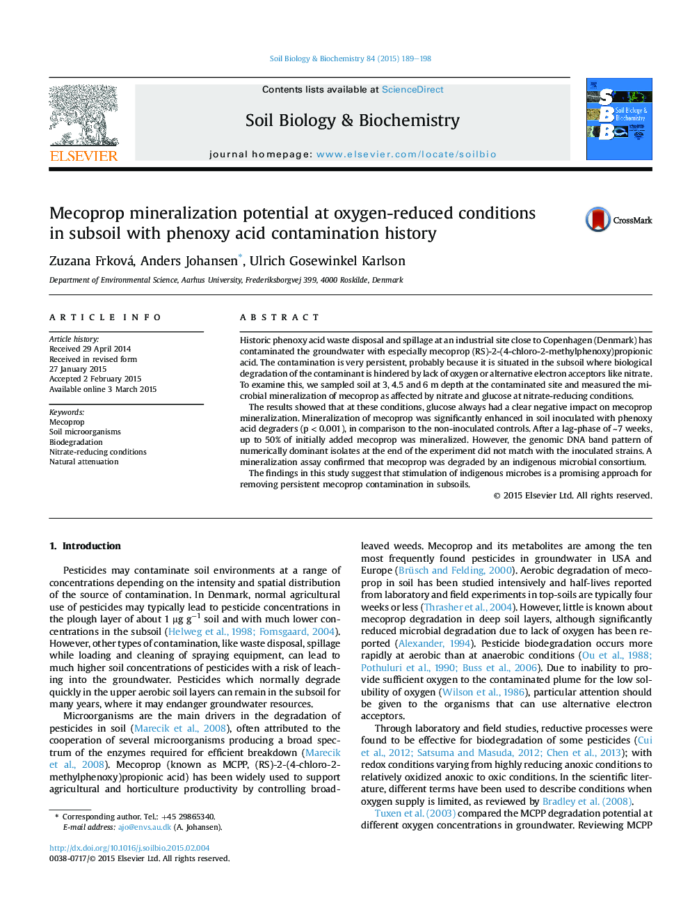 Mecoprop mineralization potential at oxygen-reduced conditions inÂ subsoil with phenoxy acid contamination history