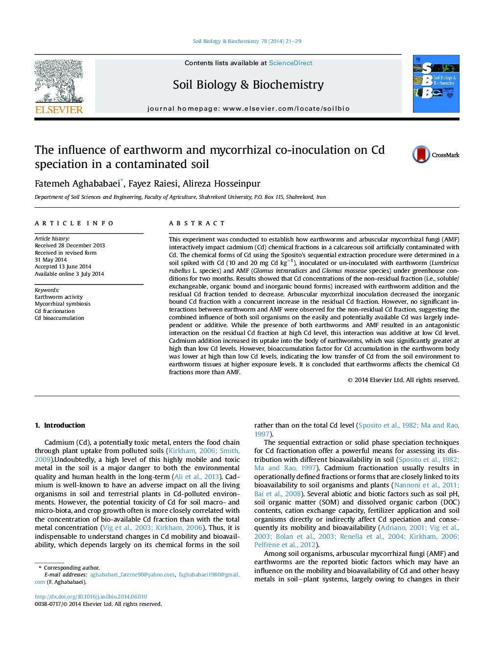 The influence of earthworm and mycorrhizal co-inoculation on Cd speciation in a contaminated soil