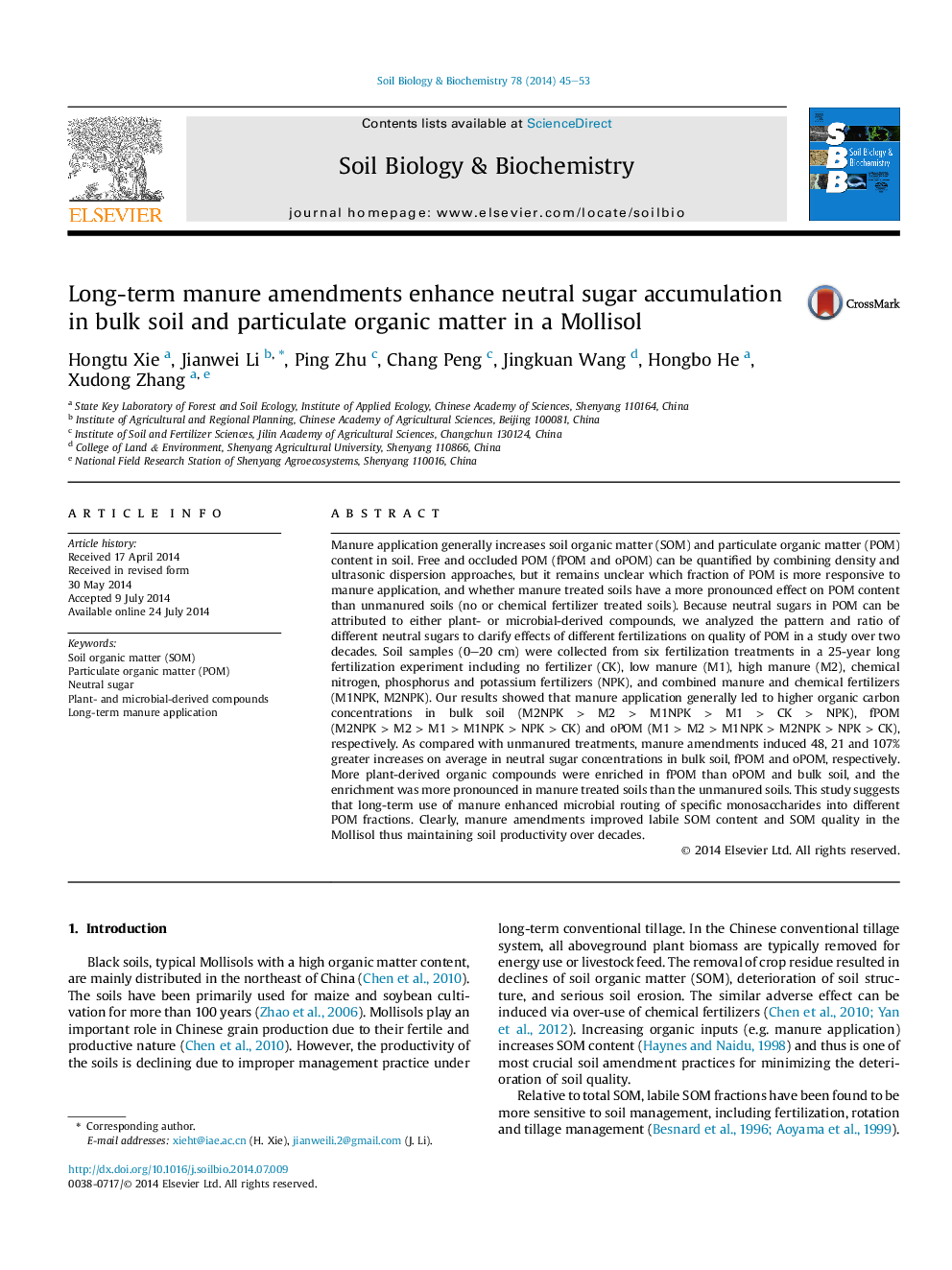 Long-term manure amendments enhance neutral sugar accumulation in bulk soil and particulate organic matter in a Mollisol