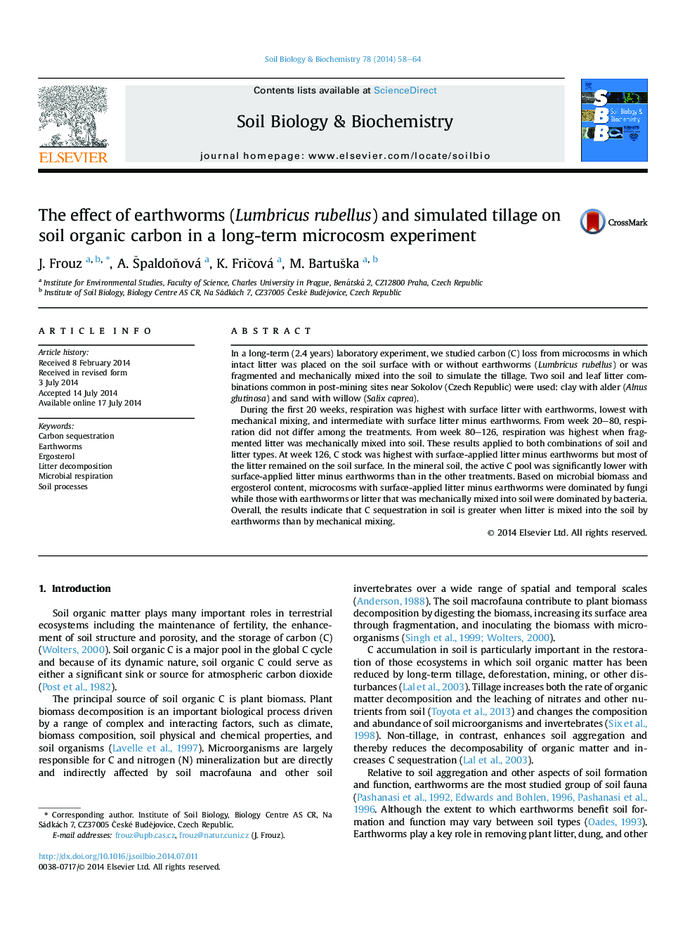 The effect of earthworms (Lumbricus rubellus) and simulated tillage on soil organic carbon in a long-term microcosm experiment