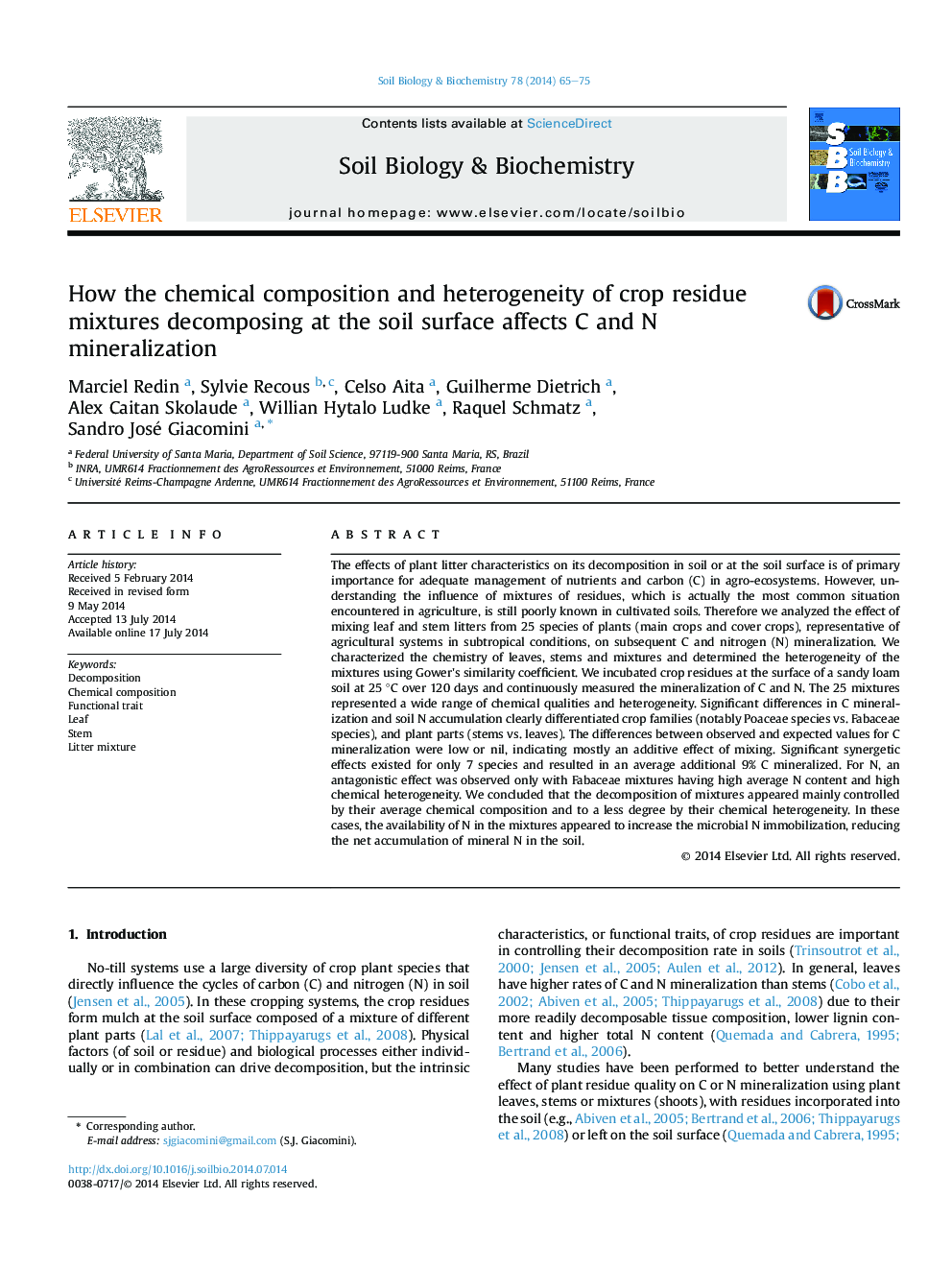 How the chemical composition and heterogeneity of crop residue mixtures decomposing at the soil surface affects C and N mineralization