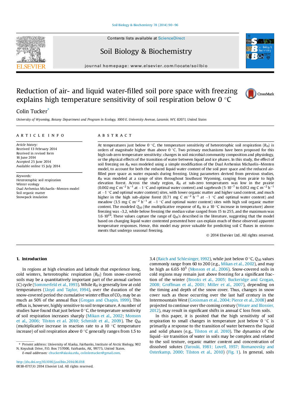 Reduction of air- and liquid water-filled soil pore space with freezing explains high temperature sensitivity of soil respiration below 0 °C