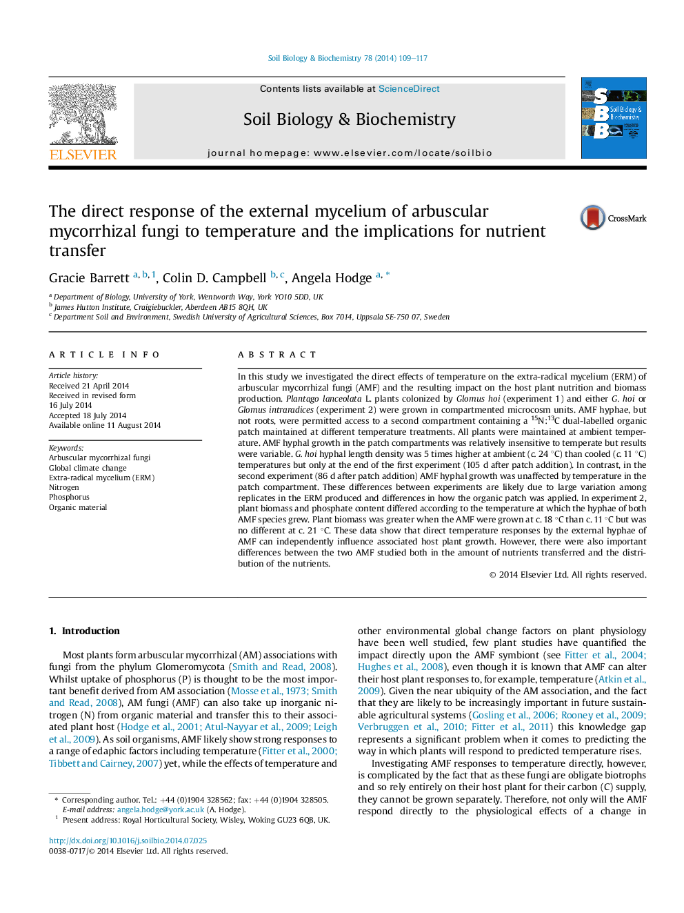 The direct response of the external mycelium of arbuscular mycorrhizal fungi to temperature and the implications for nutrient transfer