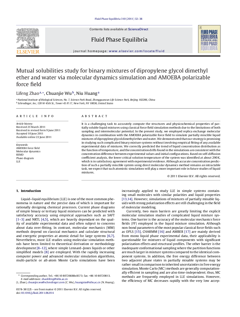 عکس صفحه اول مقاله: Mutual solubilities study for binary mixtures of dipropylene glycol dimethyl ether and water via molecular dynamics simulation and AMOEBA polarizable force field Mutual solubilities study for binary mixtures of dipropylene glycol dimethyl ether and water via molecular dynamics simulation and AMOEBA polarizable force field