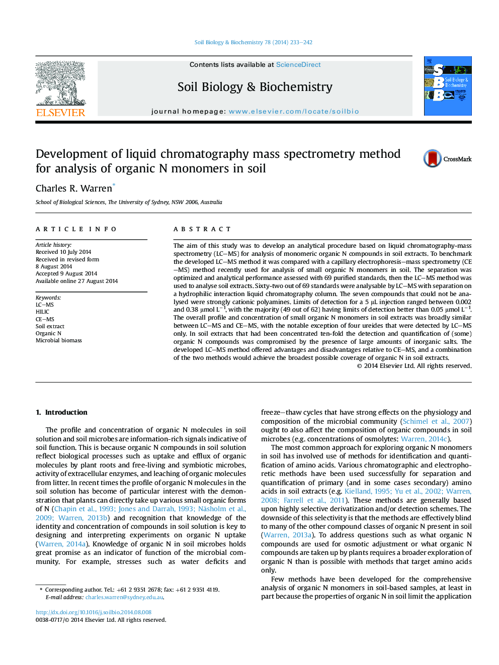 Development of liquid chromatography mass spectrometry method for analysis of organic N monomers in soil