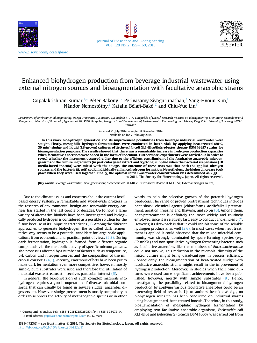 Enhanced biohydrogen production from beverage industrial wastewater using external nitrogen sources and bioaugmentation with facultative anaerobic strains