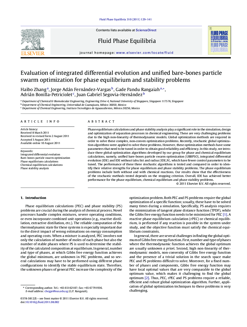 Evaluation of integrated differential evolution and unified bare-bones particle swarm optimization for phase equilibrium and stability problems