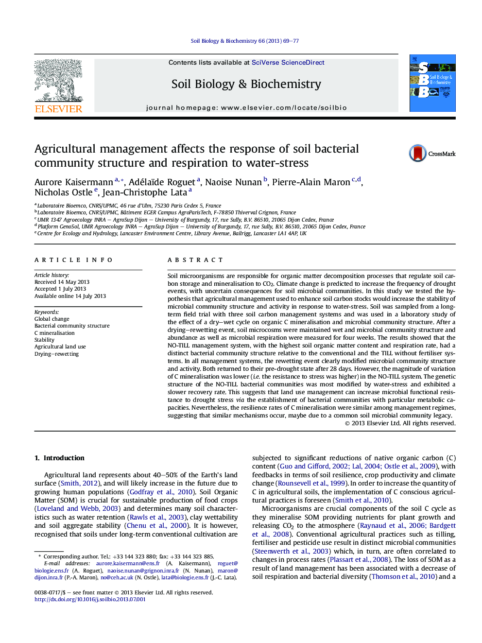 Agricultural management affects the response of soil bacterial community structure and respiration to water-stress