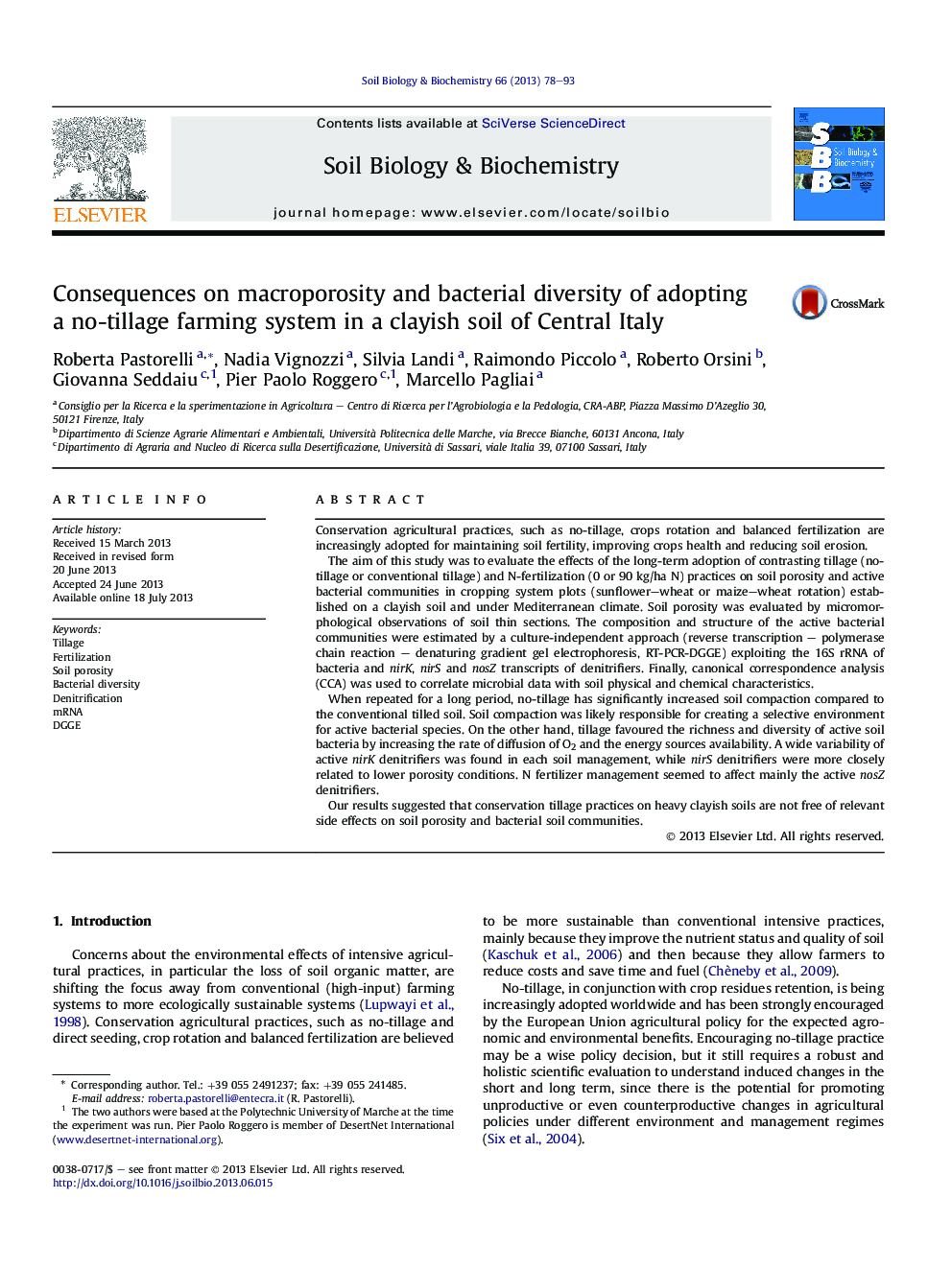 Consequences on macroporosity and bacterial diversity of adopting aÂ no-tillage farming system in a clayish soil of Central Italy