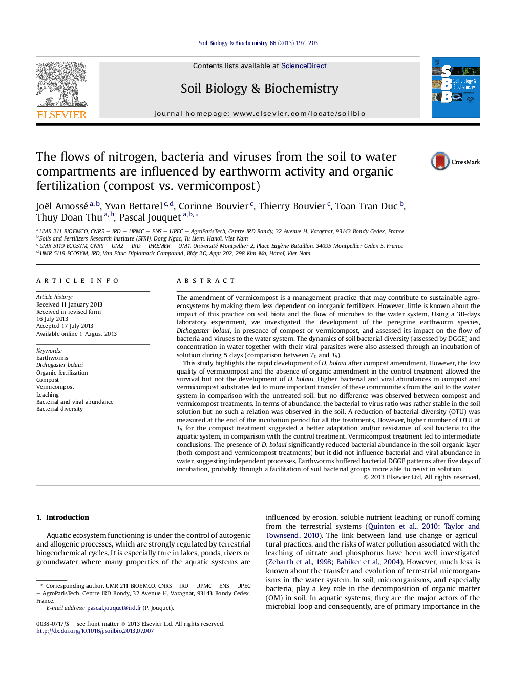 The flows of nitrogen, bacteria and viruses from the soil to water compartments are influenced by earthworm activity and organic fertilization (compost vs. vermicompost)