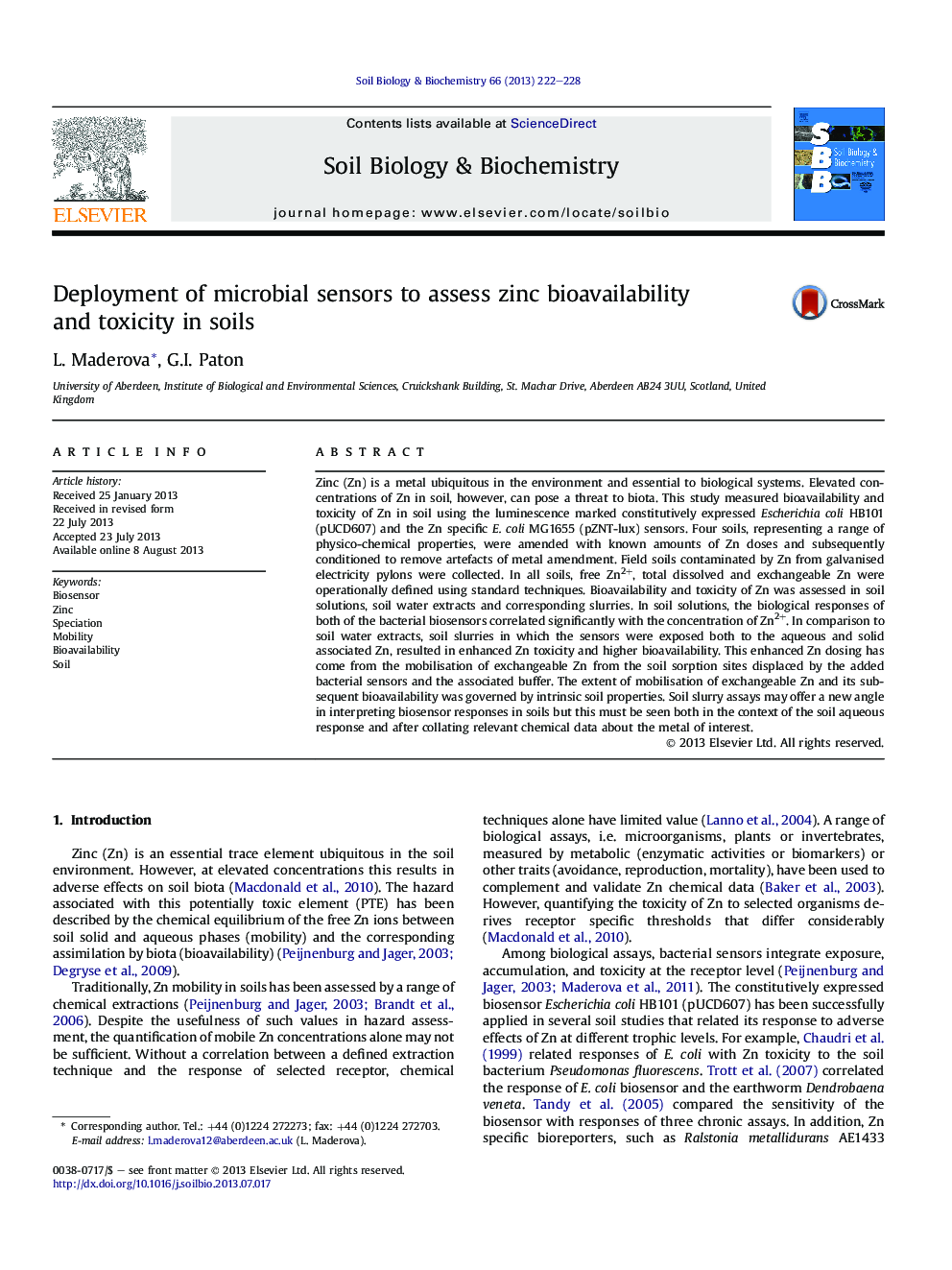 Deployment of microbial sensors to assess zinc bioavailability and toxicity in soils