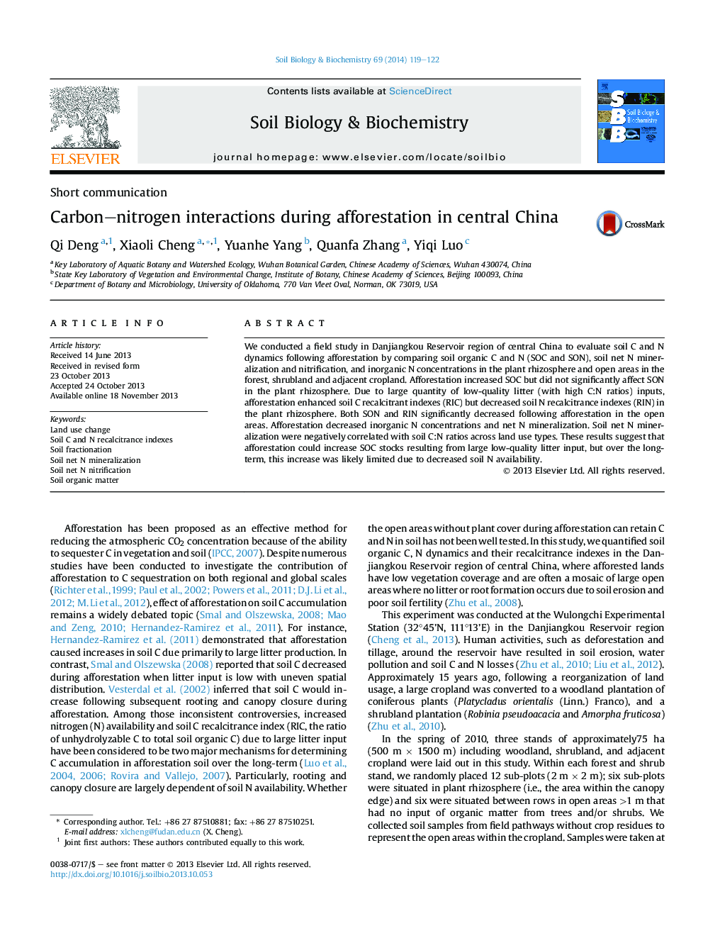 Carbon-nitrogen interactions during afforestation in central China