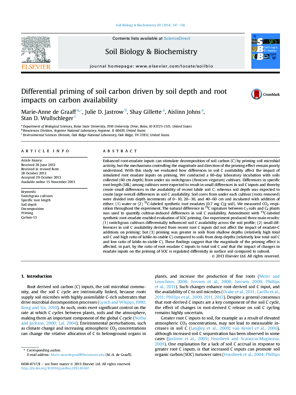 Differential priming of soil carbon driven by soil depth and root impacts on carbon availability