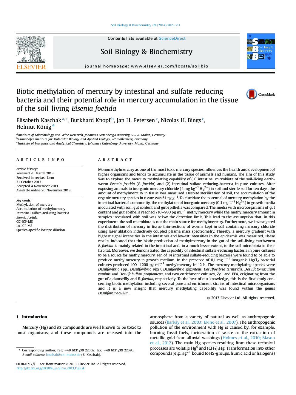 Biotic methylation of mercury by intestinal and sulfate-reducing bacteria and their potential role in mercury accumulation in the tissue of the soil-living Eisenia foetida
