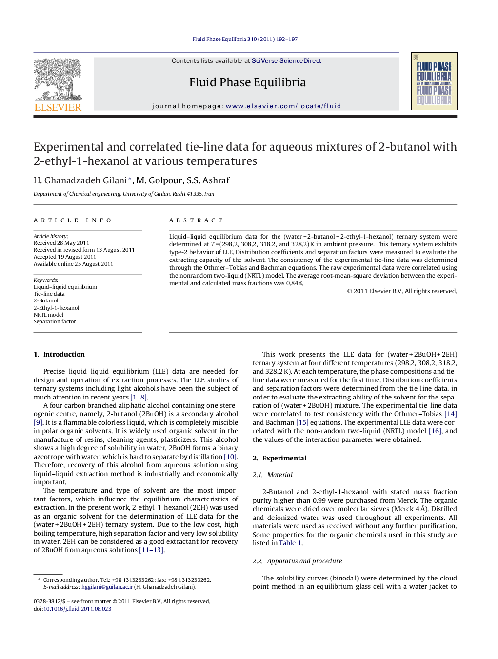 عکس صفحه اول مقاله: Experimental and correlated tie-line data for aqueous mixtures of 2-butanol with 2-ethyl-1-hexanol at various temperatures Experimental and correlated tie-line data for aqueous mixtures of 2-butanol with 2-ethyl-1-hexanol at various temperatures