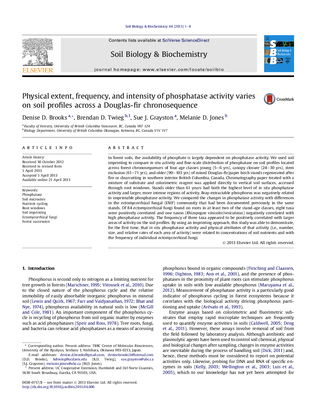 Physical extent, frequency, and intensity of phosphatase activity varies on soil profiles across a Douglas-fir chronosequence