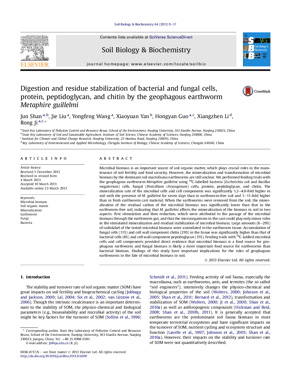 Digestion and residue stabilization of bacterial and fungal cells, protein, peptidoglycan, and chitin by the geophagous earthworm Metaphire guillelmi