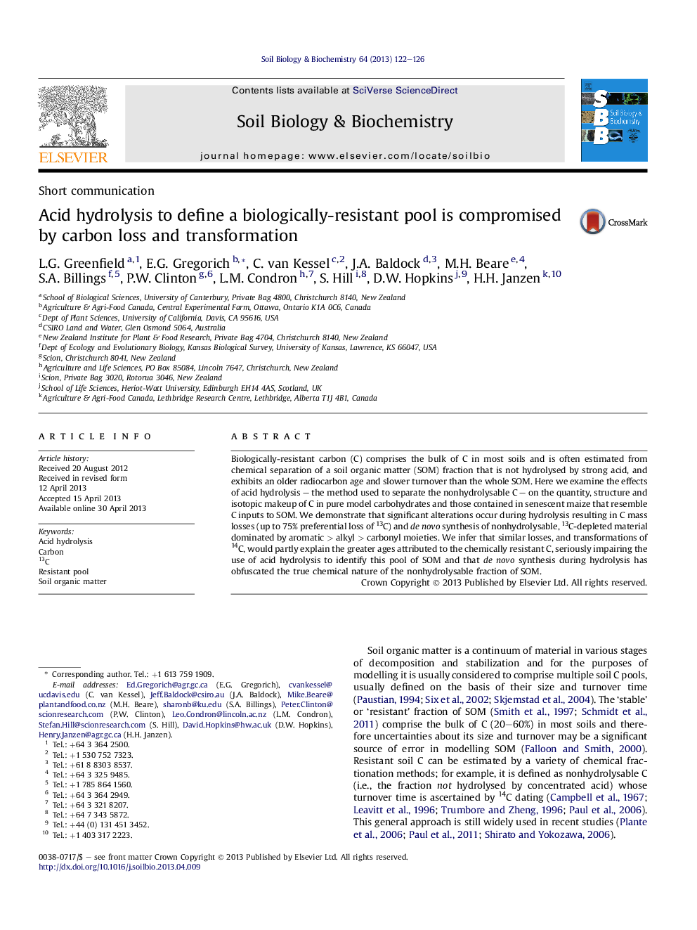 Acid hydrolysis to define a biologically-resistant pool is compromised by carbon loss and transformation