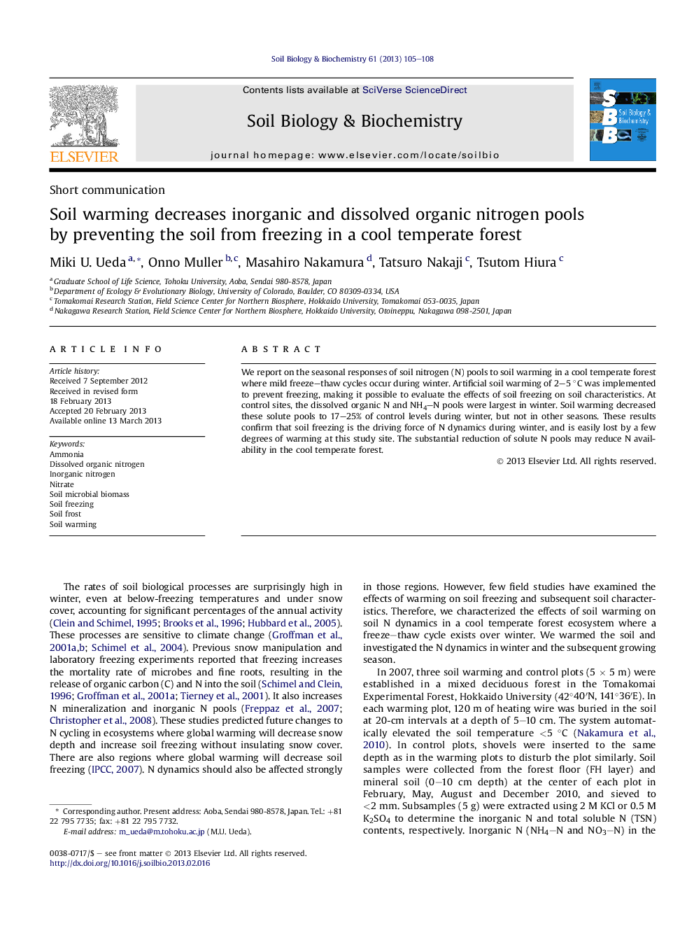 Soil warming decreases inorganic and dissolved organic nitrogen pools by preventing the soil from freezing in a cool temperate forest