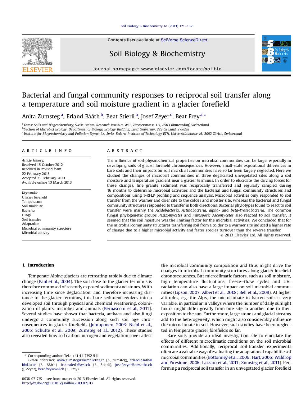 Bacterial and fungal community responses to reciprocal soil transfer along a temperature and soil moisture gradient in a glacier forefield