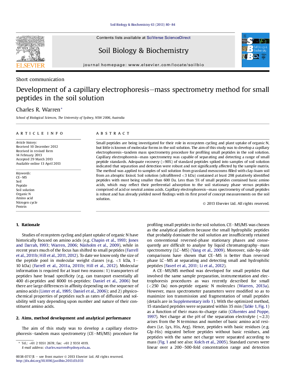 Development of a capillary electrophoresis–mass spectrometry method for small peptides in the soil solution