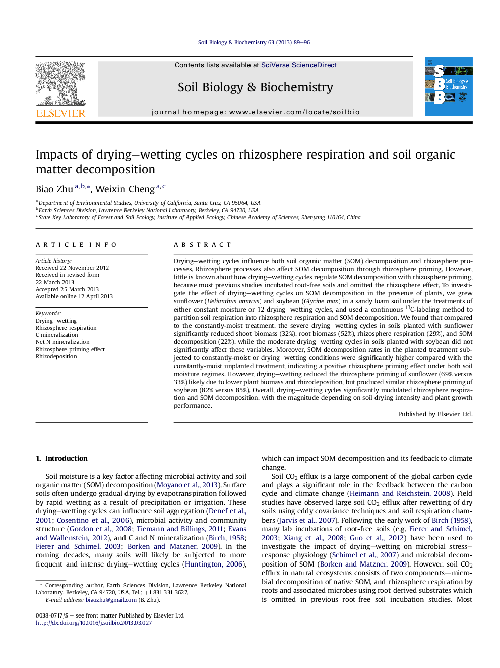 Impacts of drying–wetting cycles on rhizosphere respiration and soil organic matter decomposition