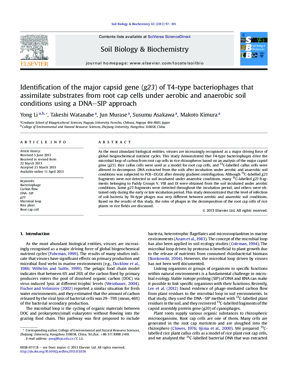 Identification of the major capsid gene (g23) of T4-type bacteriophages that assimilate substrates from root cap cells under aerobic and anaerobic soil conditions using a DNA–SIP approach