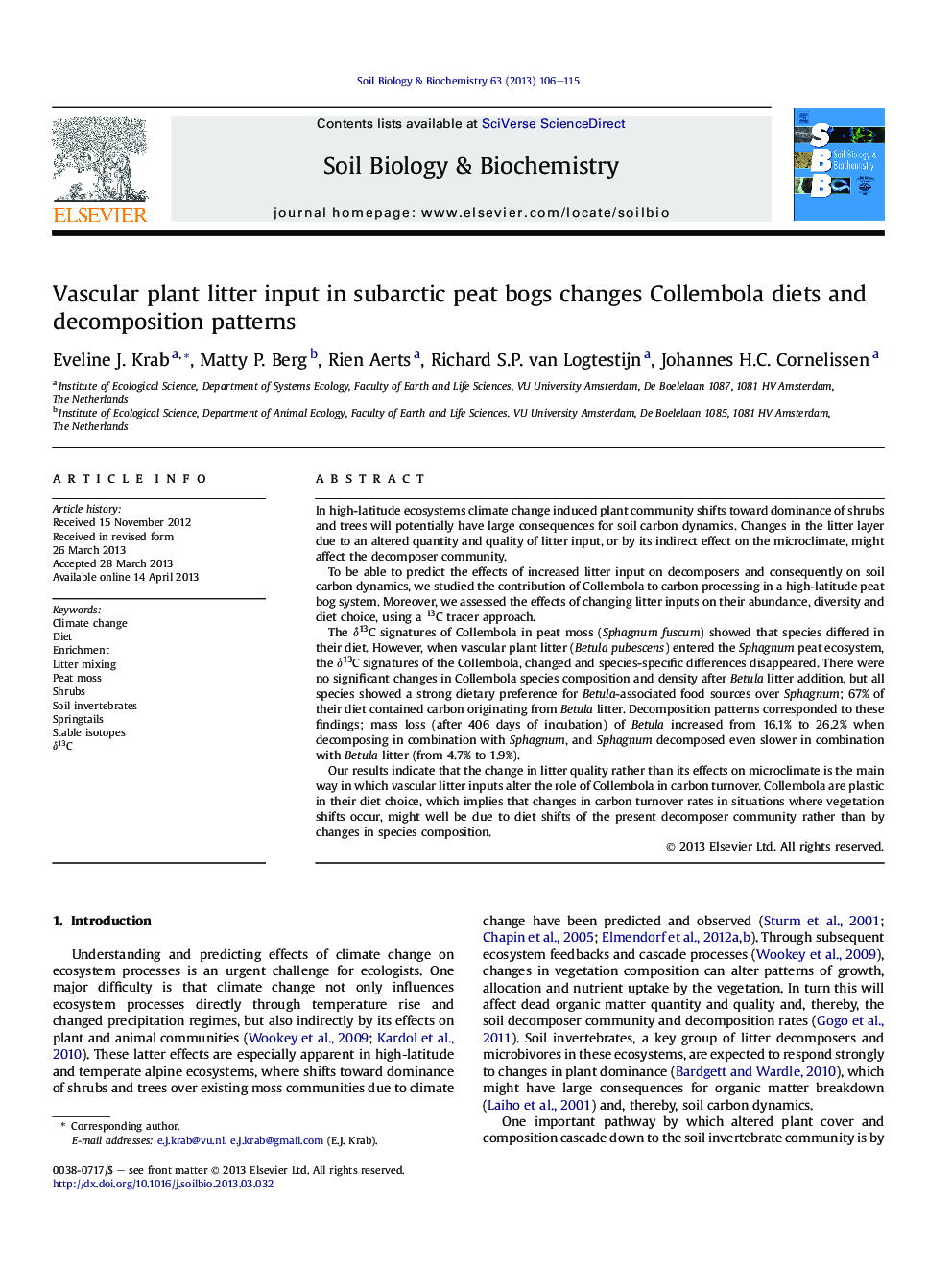 Vascular plant litter input in subarctic peat bogs changes Collembola diets and decomposition patterns