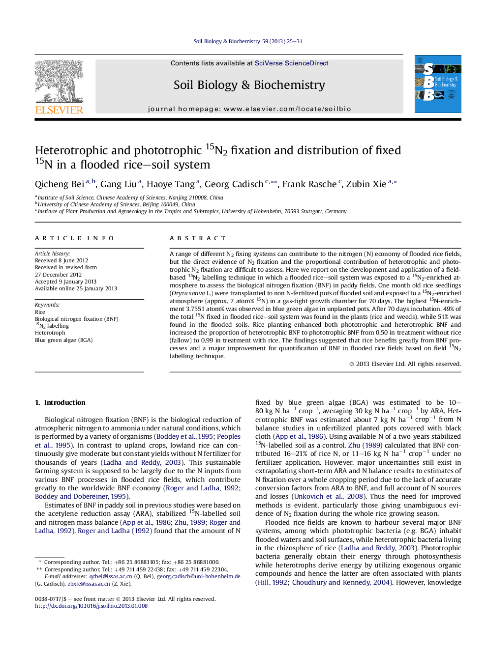 Heterotrophic and phototrophic 15N2 fixation and distribution of fixed 15N in a flooded rice–soil system