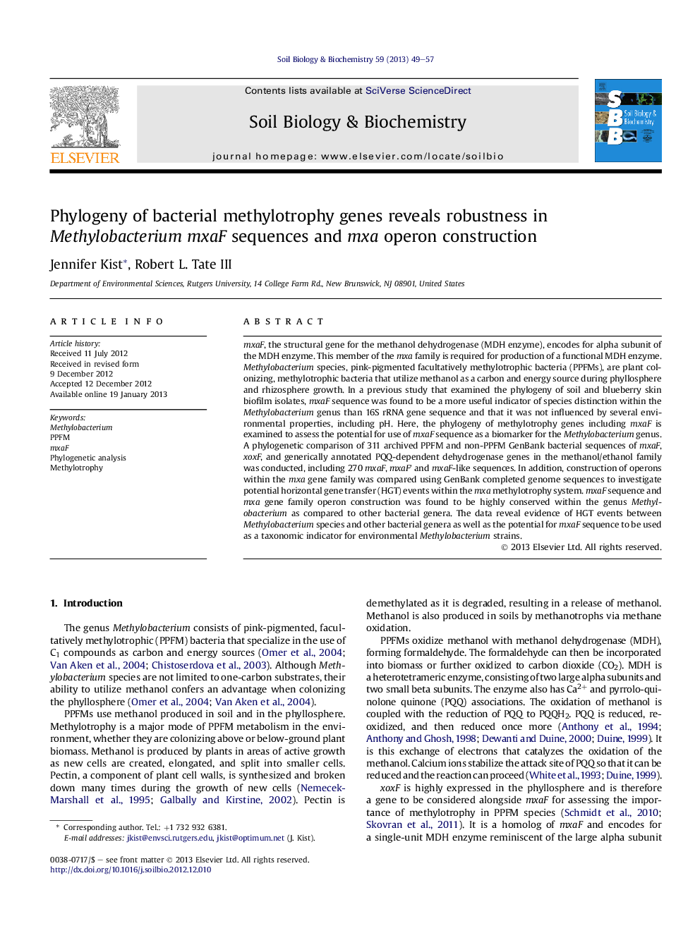 Phylogeny of bacterial methylotrophy genes reveals robustness in Methylobacterium mxaF sequences and mxa operon construction