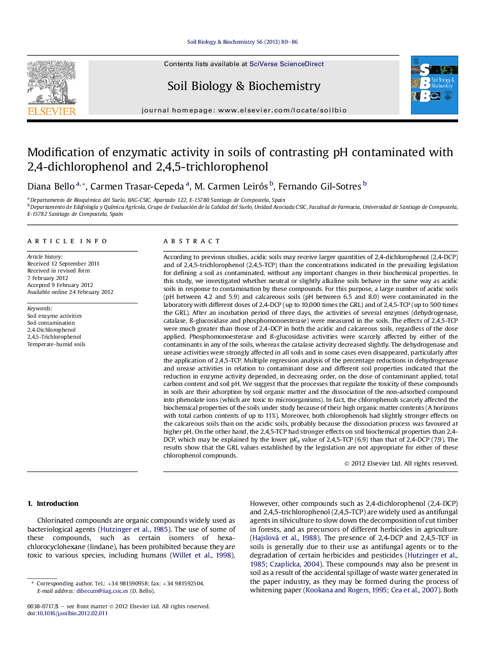 Modification of enzymatic activity in soils of contrasting pH contaminated with 2,4-dichlorophenol and 2,4,5-trichlorophenol