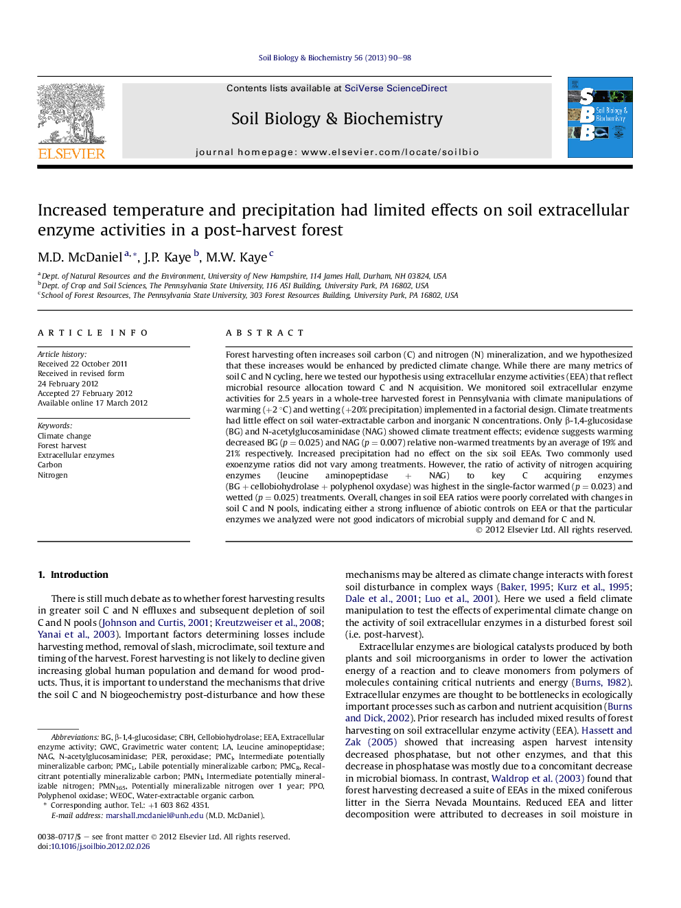 Increased temperature and precipitation had limited effects on soil extracellular enzyme activities in a post-harvest forest