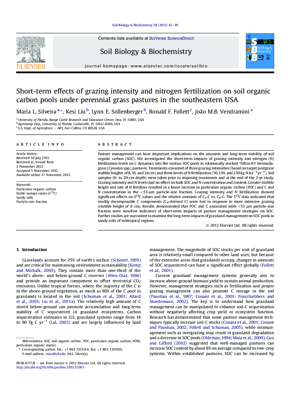 Short-term effects of grazing intensity and nitrogen fertilization on soil organic carbon pools under perennial grass pastures in the southeastern USA