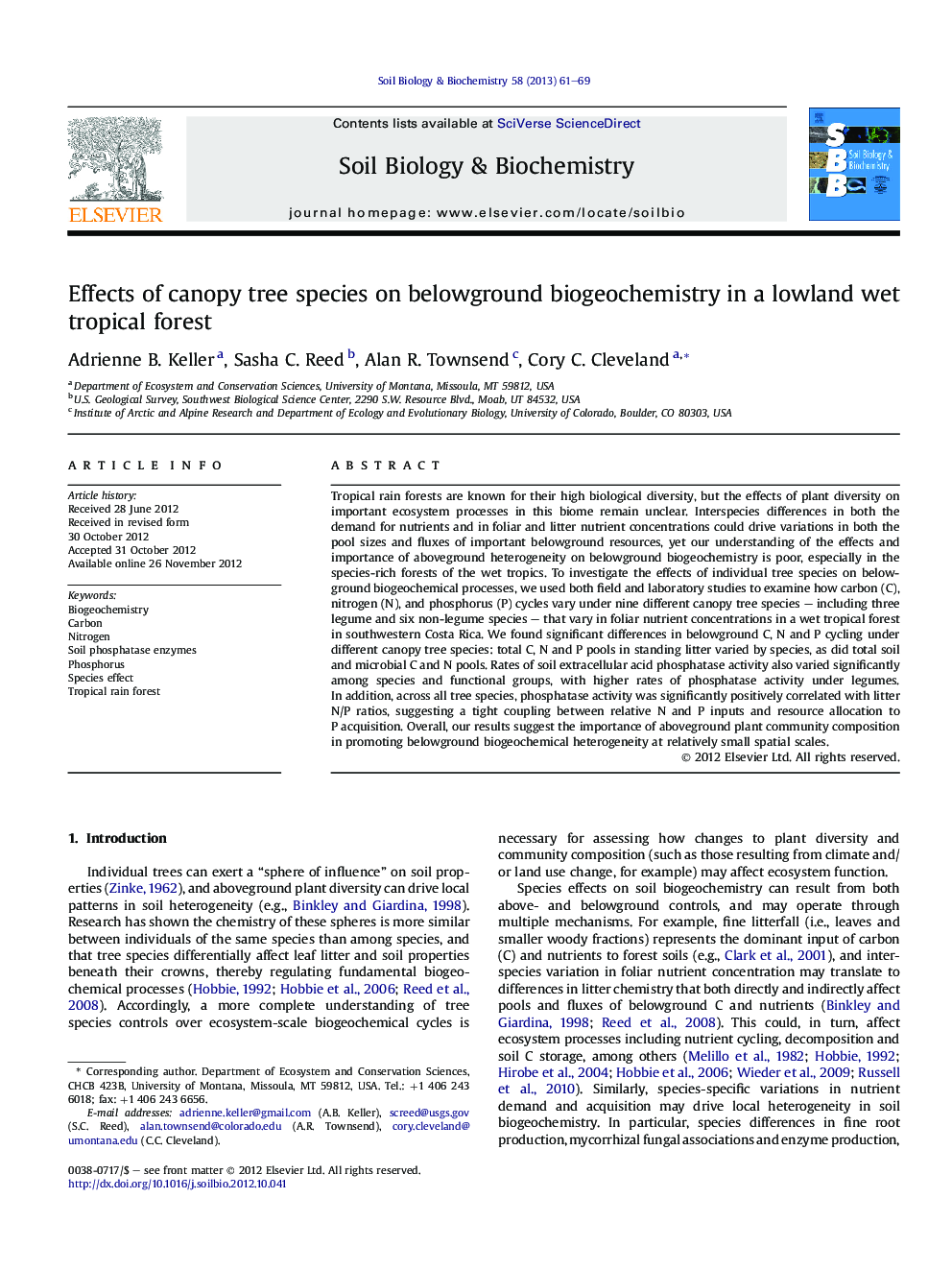 Effects of canopy tree species on belowground biogeochemistry in a lowland wet tropical forest